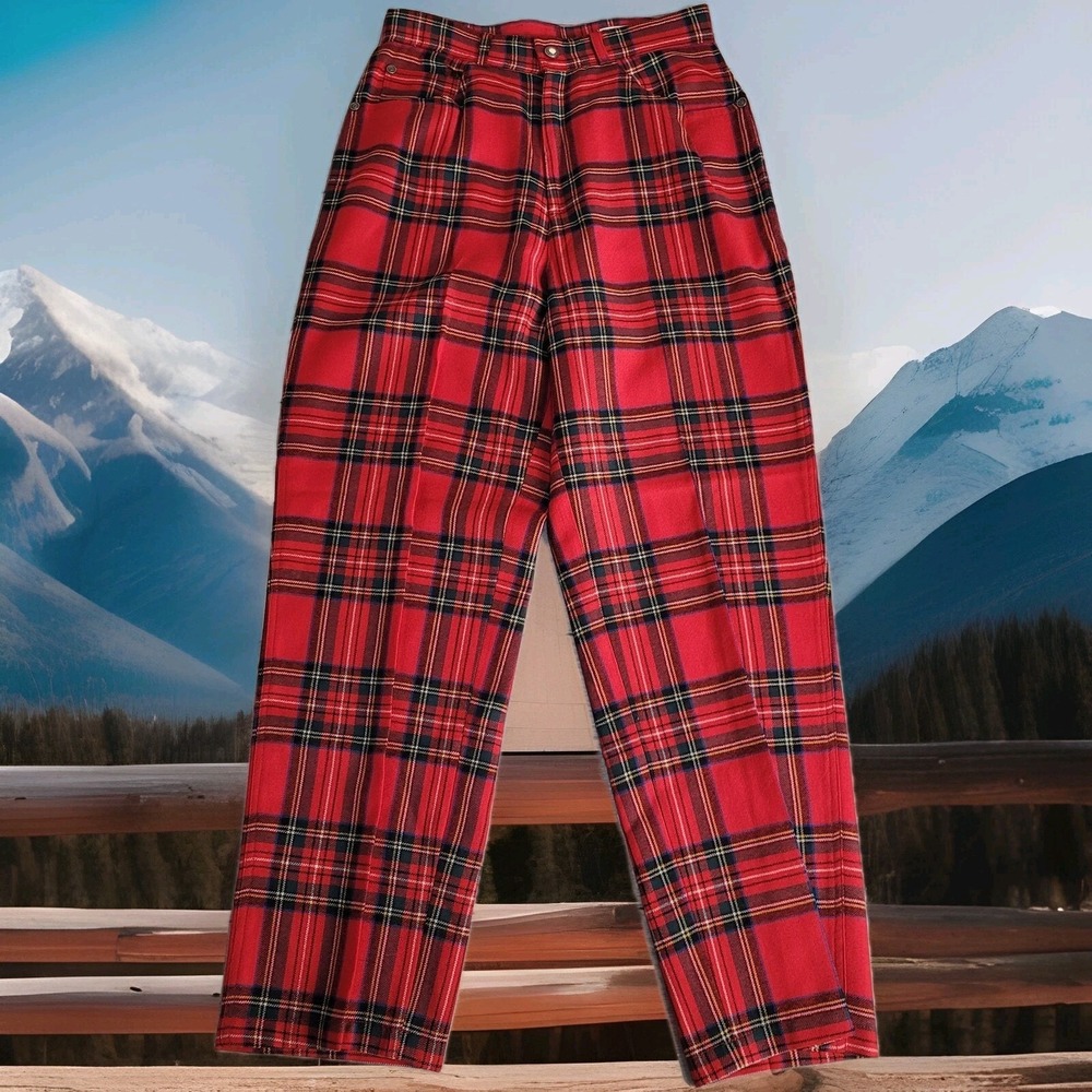 Madrigal Virgin Wool Dress Pants Women's 4 Scottish Red Plaid Pearl Button 28x27